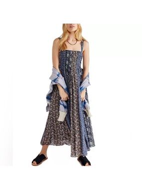 Free People Come Together Smocked Maxi Dress Women Large Boho Patchwork Hippie